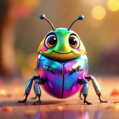 The primary subject of the image is a colorful, rainbow-colored beetle, which is the main focus of the image. The setting is a wooden surface, possibly a table or a floor, with a backdrop of a tree. The visual style of the image is a combination of photo and digital art, creating a unique and vibrant appearance. The colors and mood of the image are lively and cheerful, with the bright colors of the beetle and the wooden surface creating a warm and inviting atmosphere